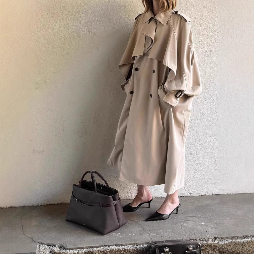 Women's Long Khaki Belted Cape Trench Coat
