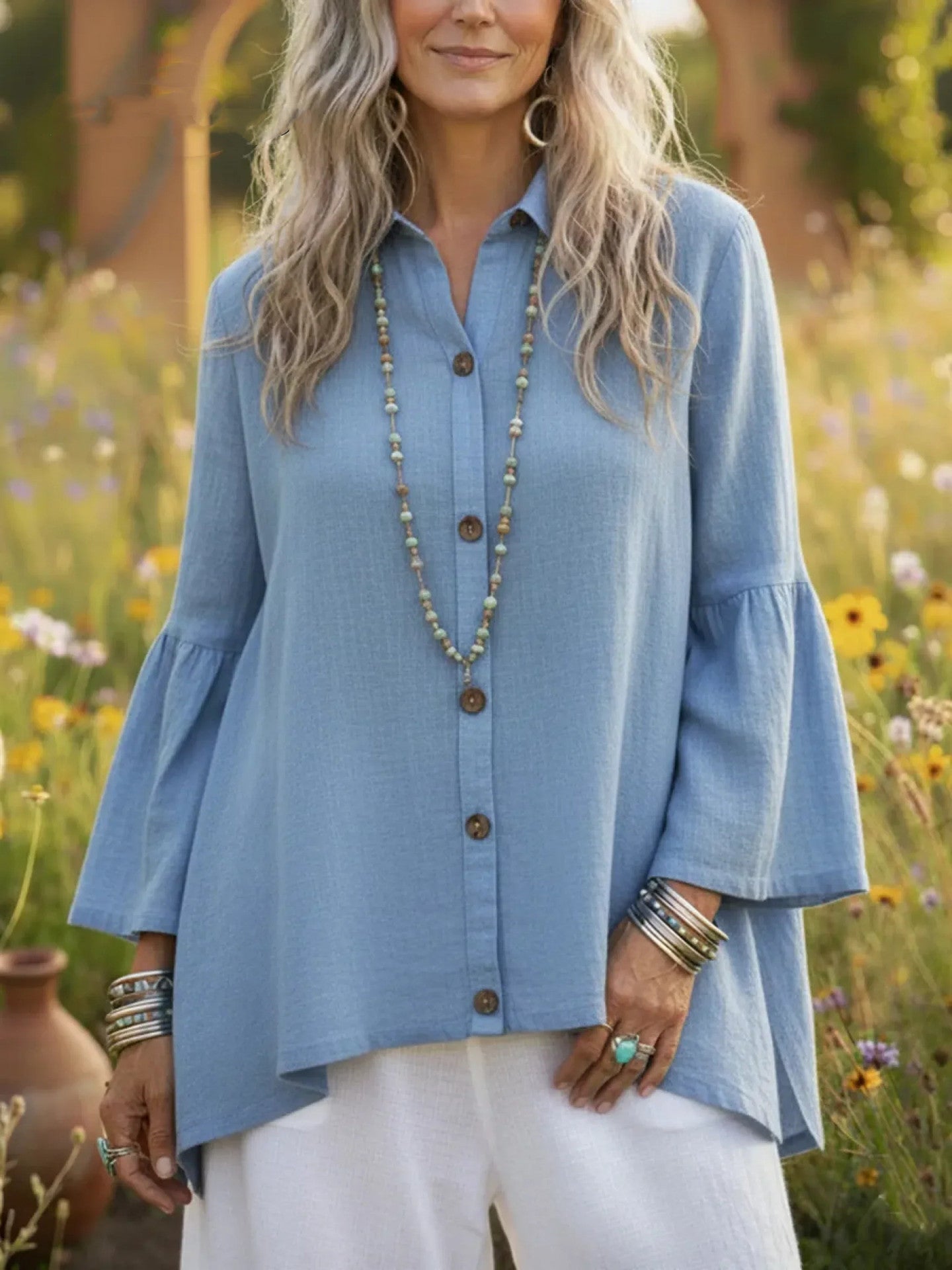 Women's Loose Solid-color Cotton-Linen Flare-sleeve Shirt