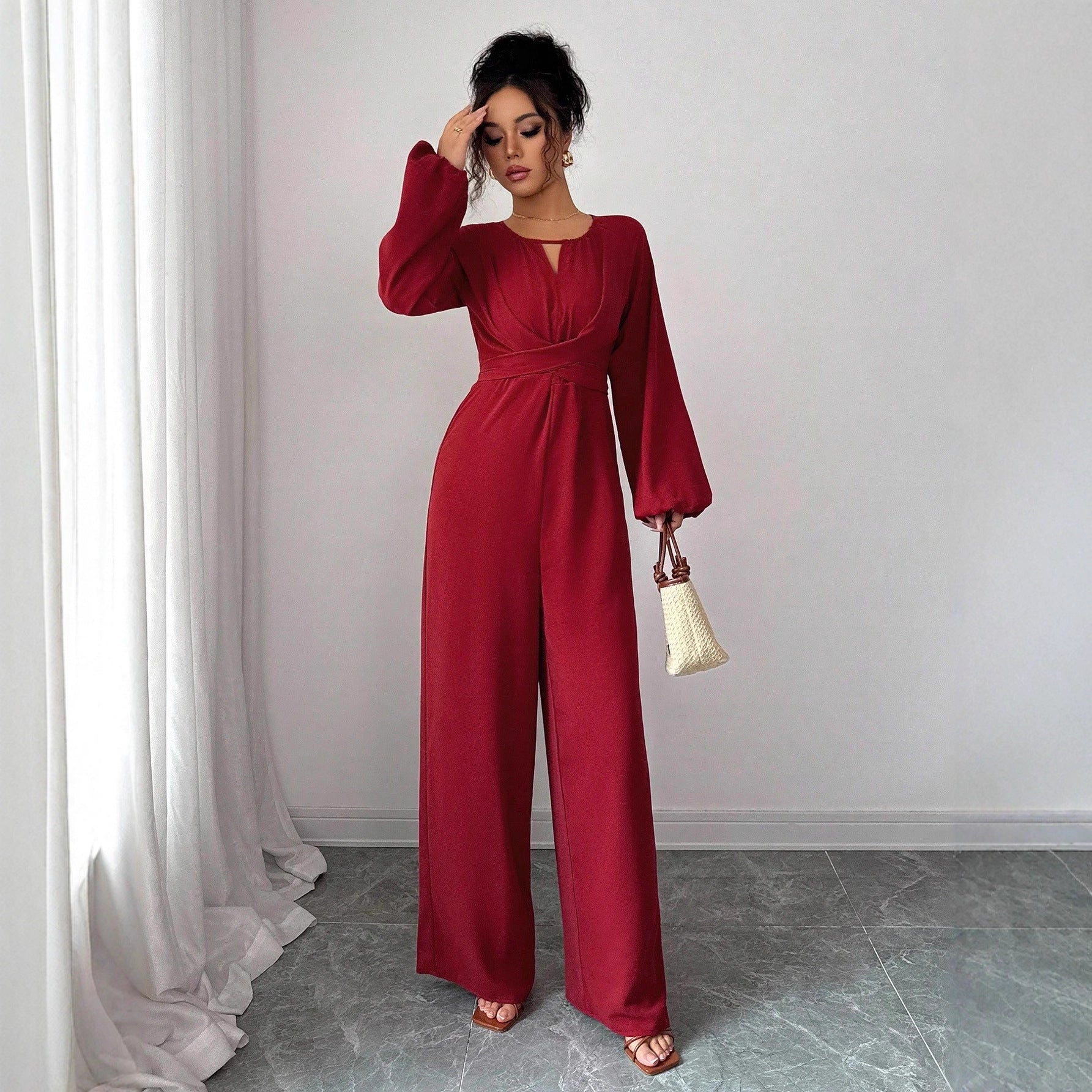 Women's Solid-Colored Jumpsuit With Puffed Sleeves, Square Neck And Wide Legs
