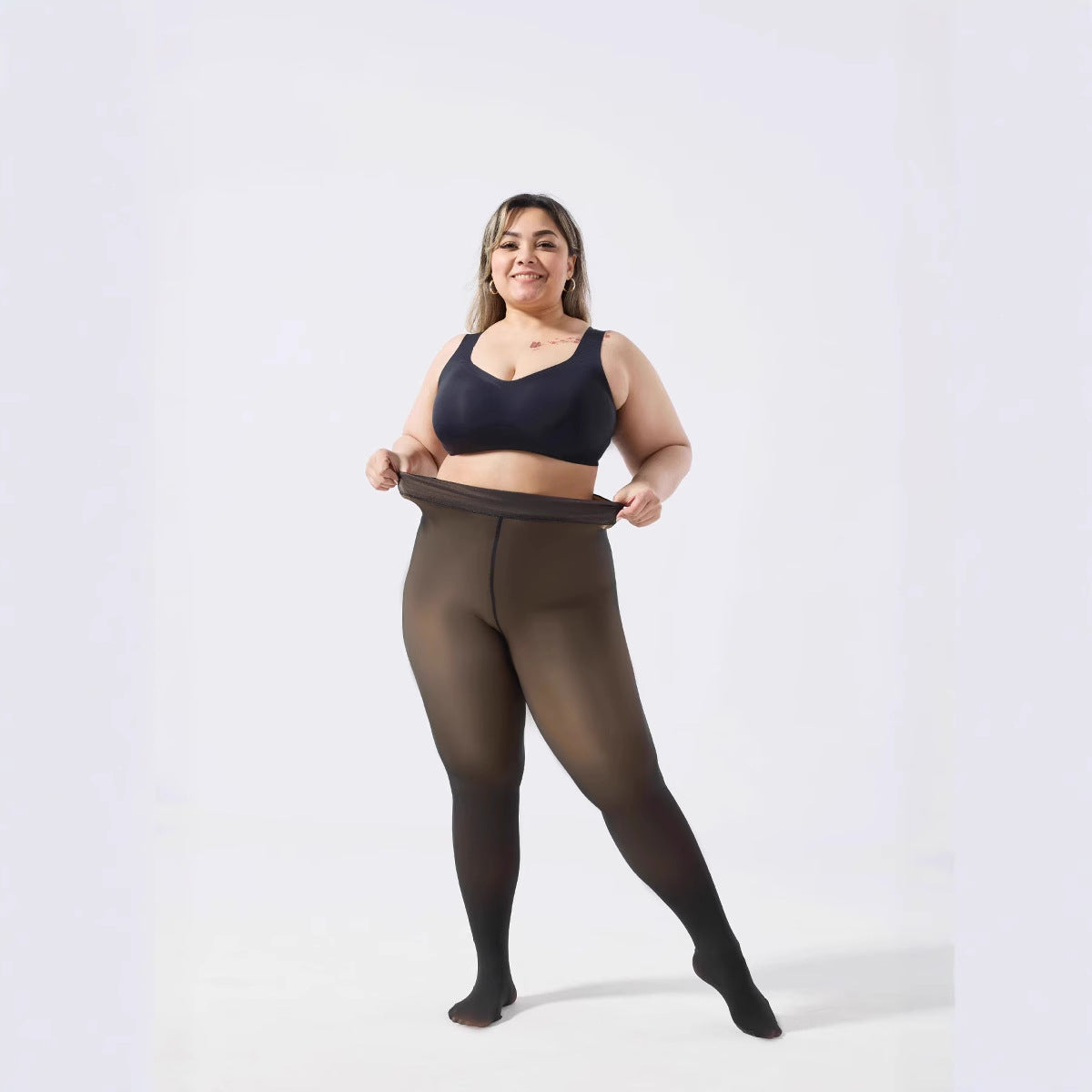 Plus-size Black Sheer Fleece-lined Leggings