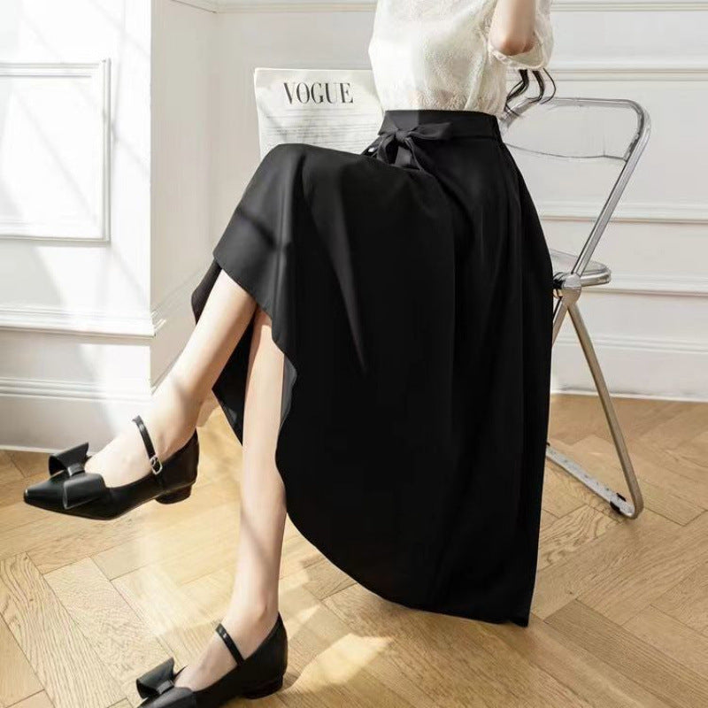 A-Line Mid Length Skirt With Flowing Large Hem-Black-Theone Apparel