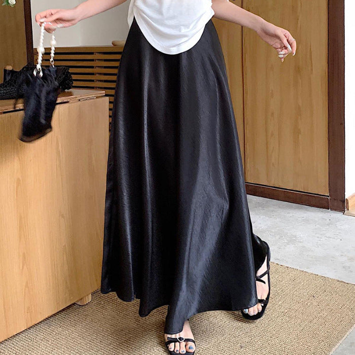 Acetate Satin Draped Skirt For Casual Versatile Styling-Black-Theone Apparel