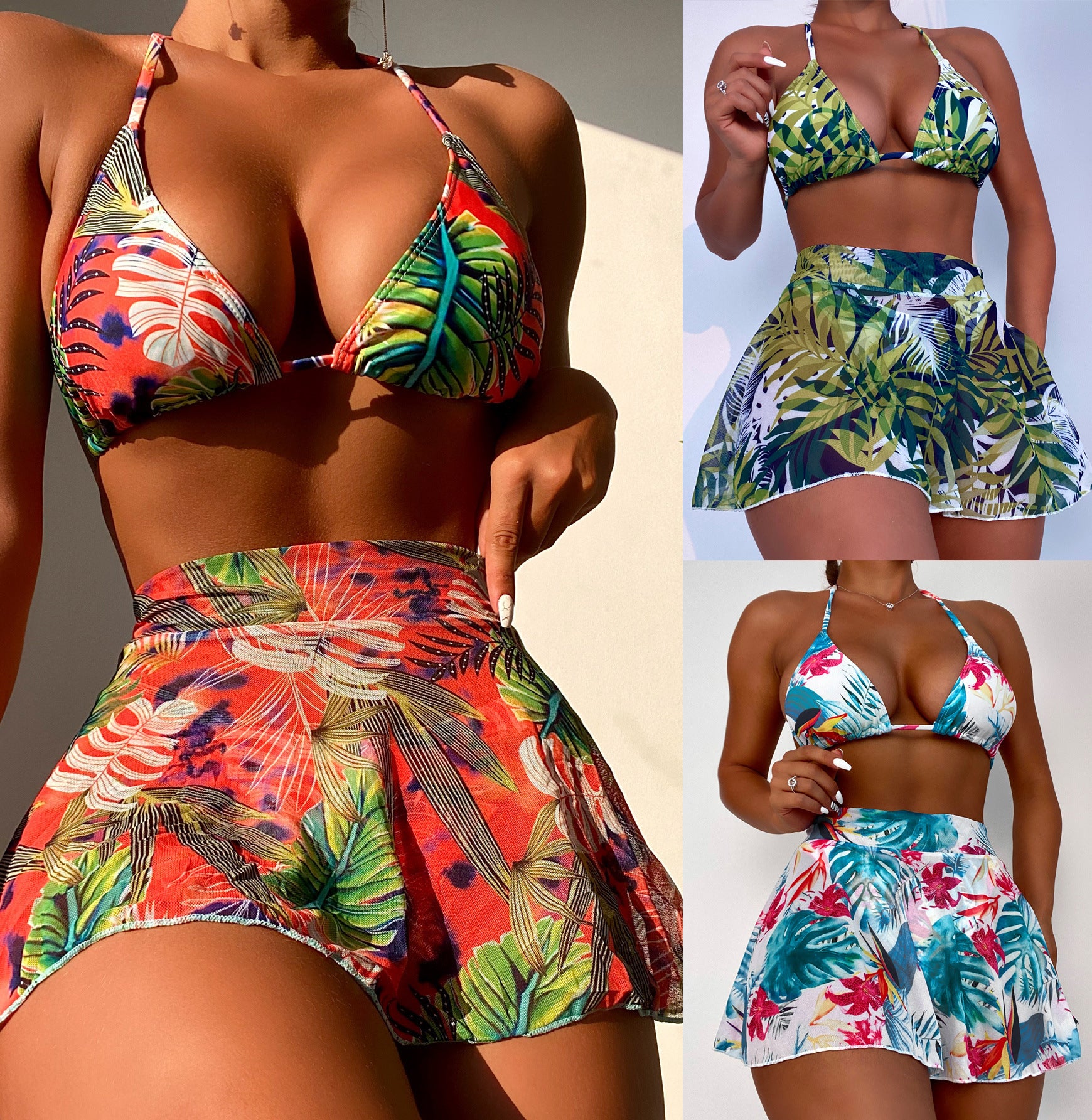 Big Flower Leaf Three-Piece Bikini for Empowered Style-Theone Apparel