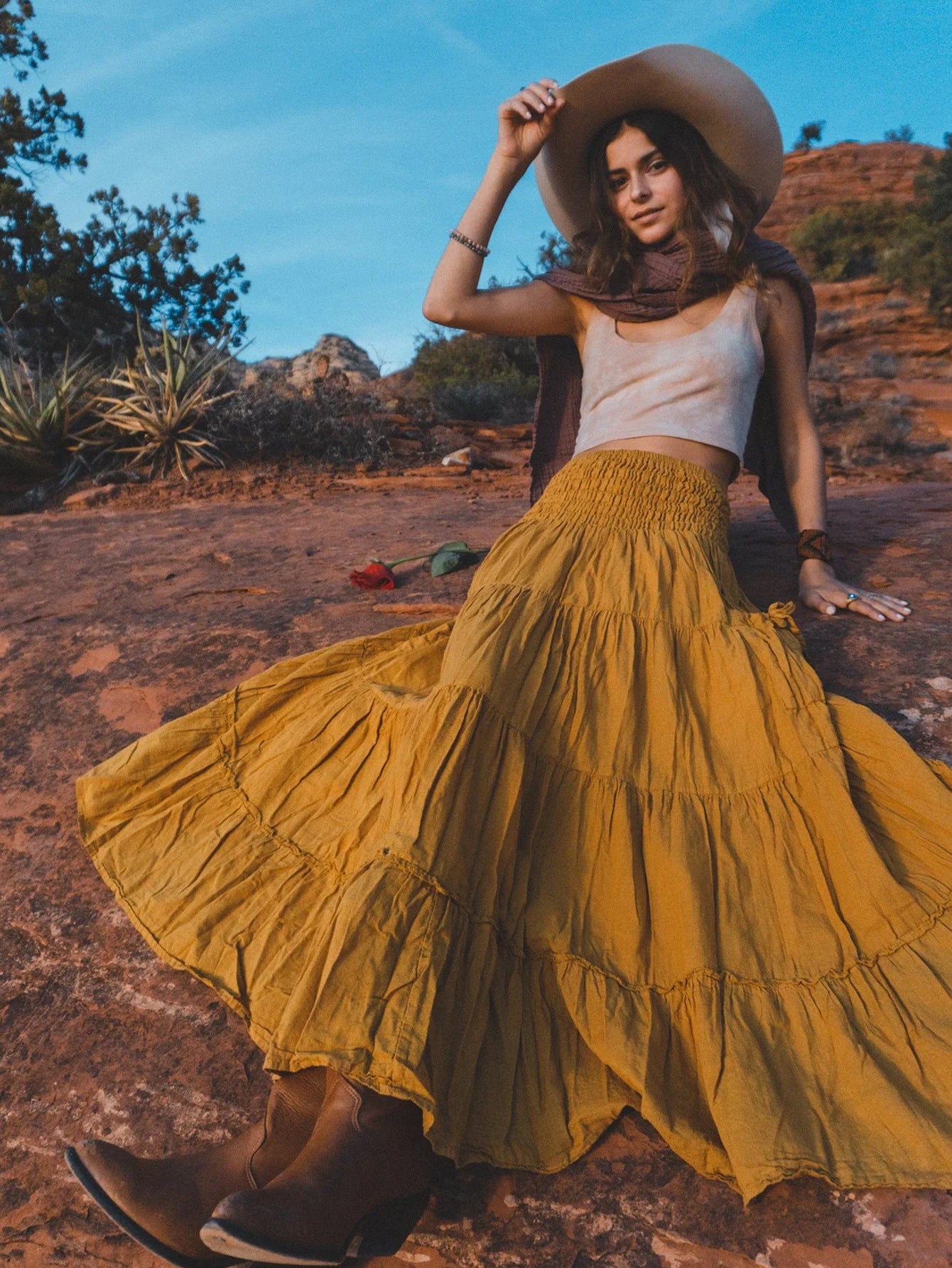 Bohemian Loose Solid Skirt For Relaxed Everyday Comfort-Turmeric-Theone Apparel
