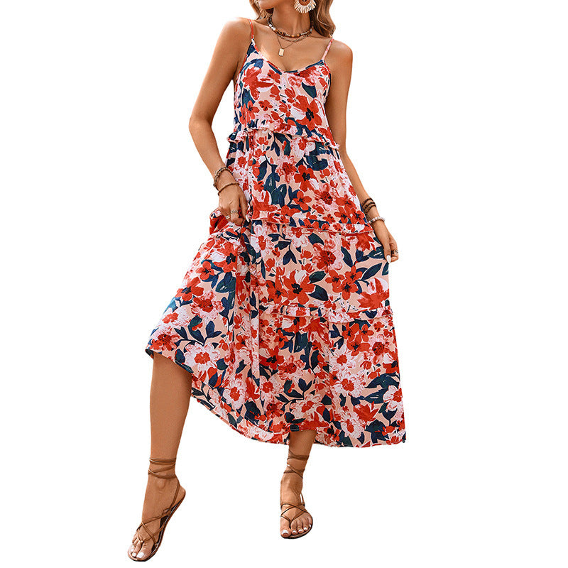 Breezy Floral Swing Dress with Spaghetti Straps for Vacations-Orange-Theone Apparel