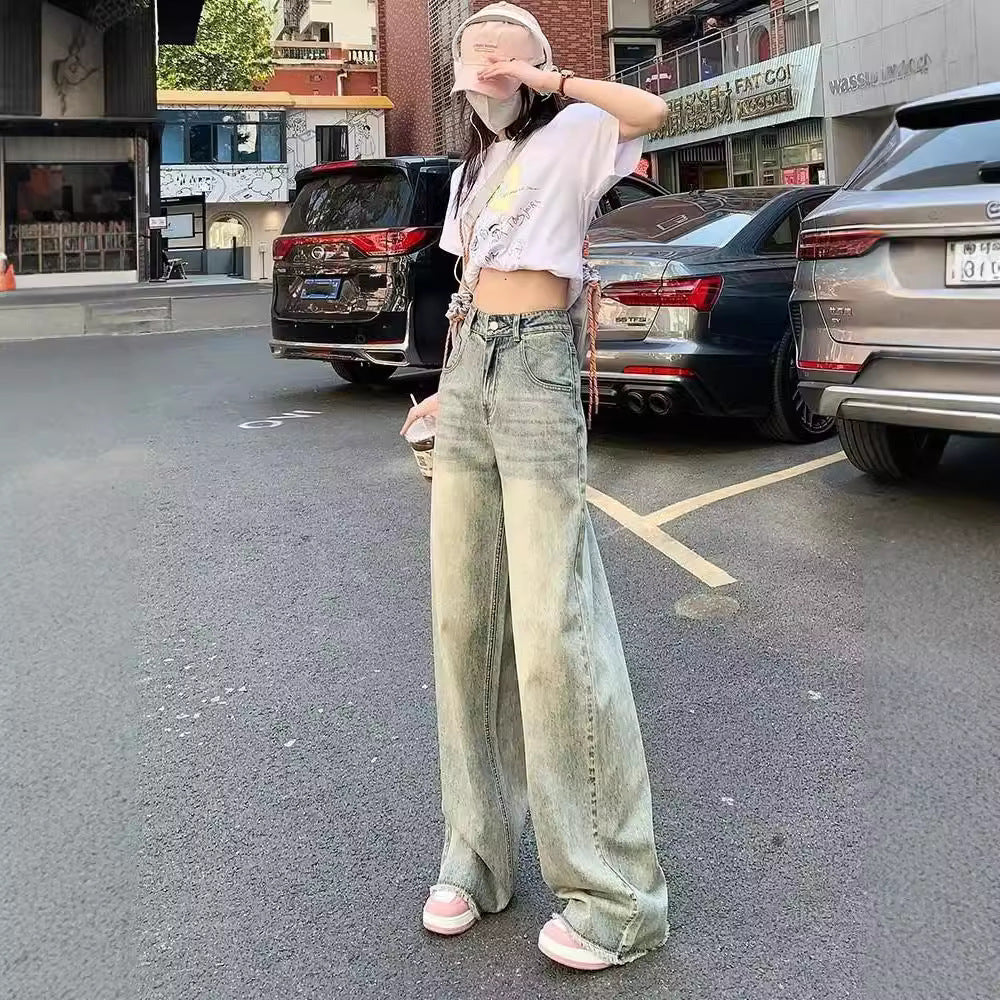 Cement Yellow Wide-Leg Jeans with Retro Spring Vibe-Theone Apparel