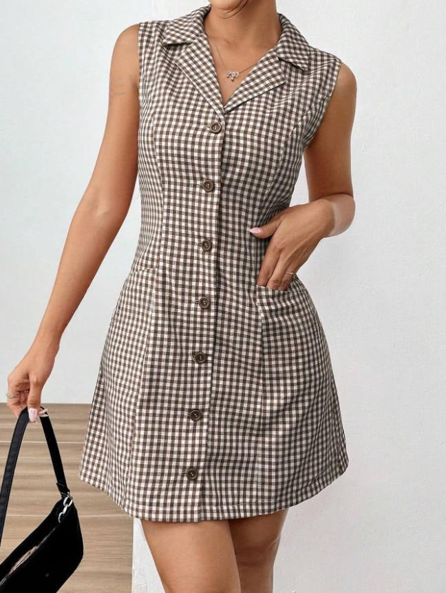 Chic French Plaid Lapel Dress with Vintage Retro Allure-Gray-Theone Apparel