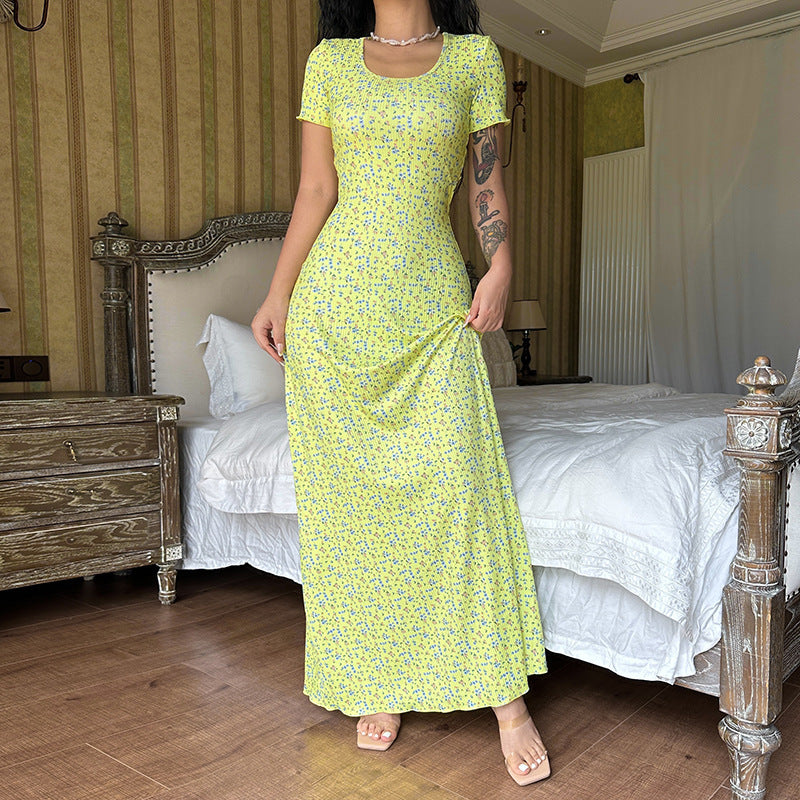 Chic U-Neck Printed Dress with Strappy Back and Short Sleeves-Yellow-Theone Apparel