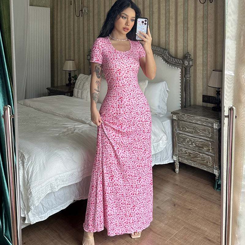 Chic U-Neck Printed Dress with Strappy Back and Short Sleeves-Pink-Theone Apparel