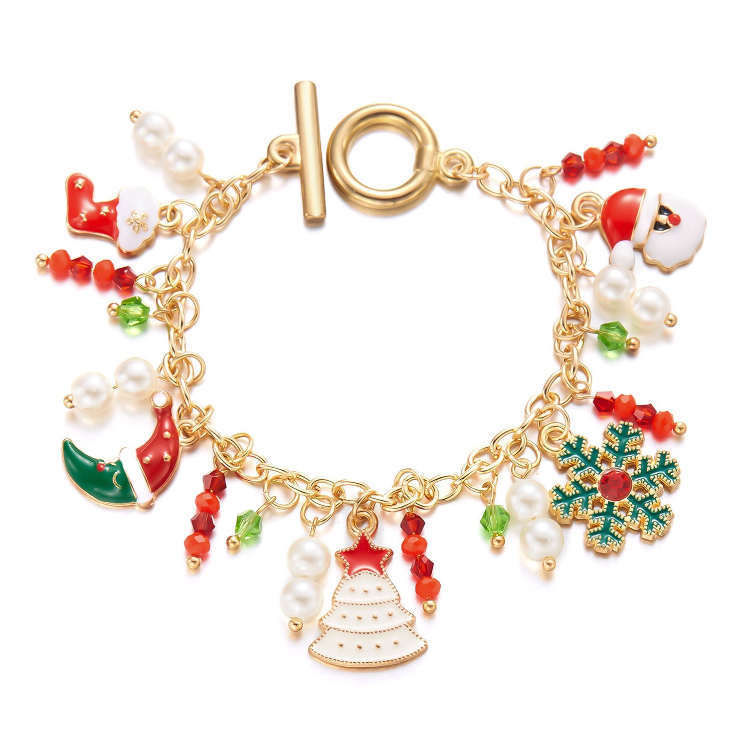 Christmas Rhinestone-Accent Enameled Toggle-Clasp Women's Charm Bracelet in Assorted Styles-Style 1-Theone Apparel