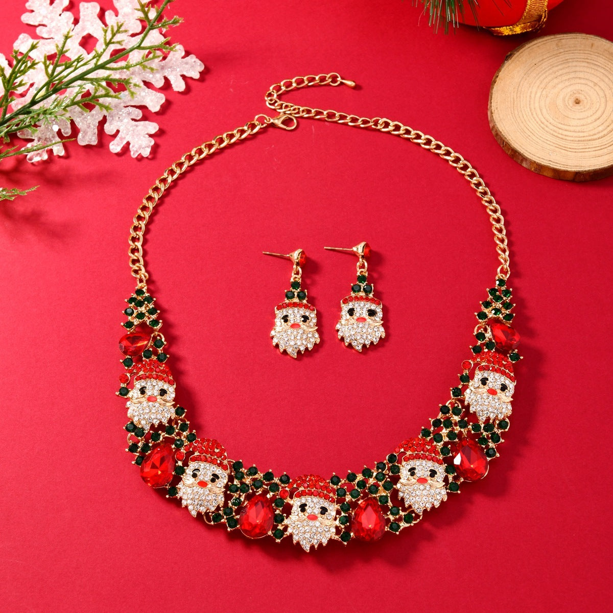 Christmas Santa Claus Rhinestone Collar Necklace & Dangle Post Earrings Set-Theone Apparel