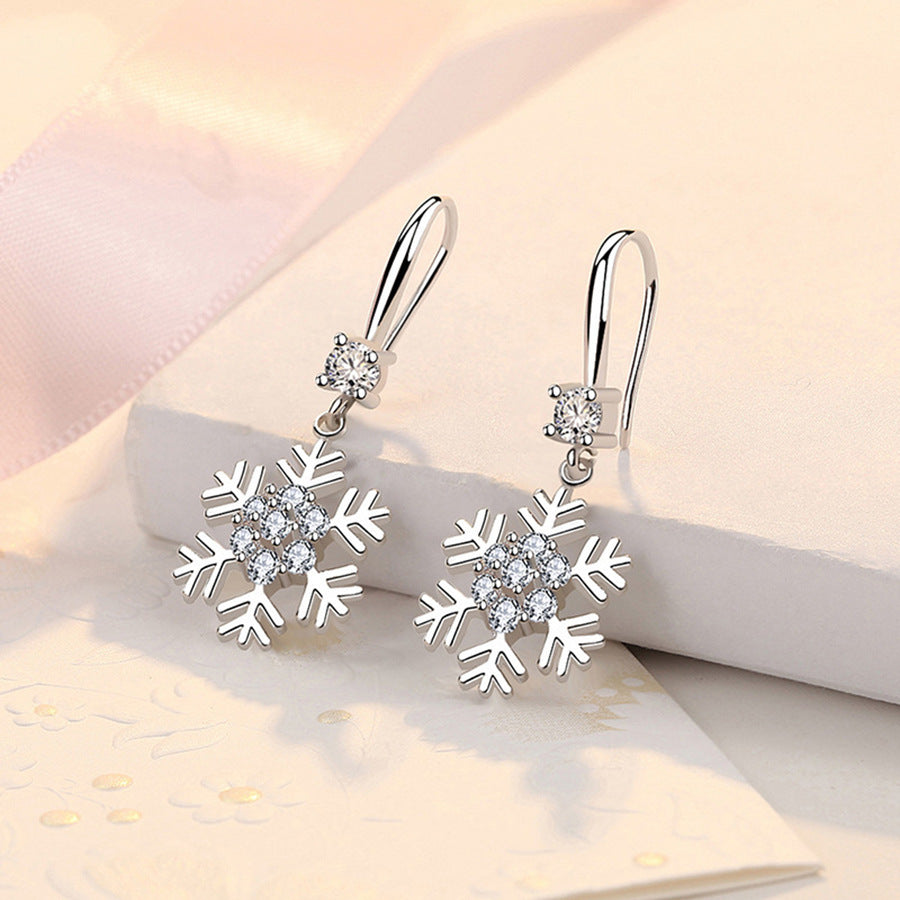 Christmas Winter White Gold-Tone Diamante Rhinestone Snowflake Dangle Earrings-Theone Apparel