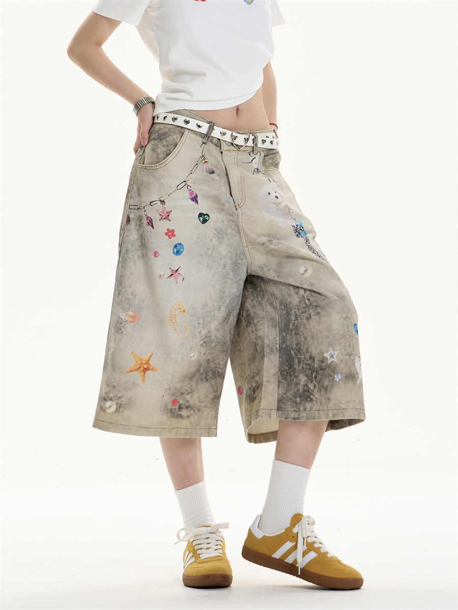 Creative Cropped Wide-Leg Jeans with Printed Art Flourish-Theone Apparel