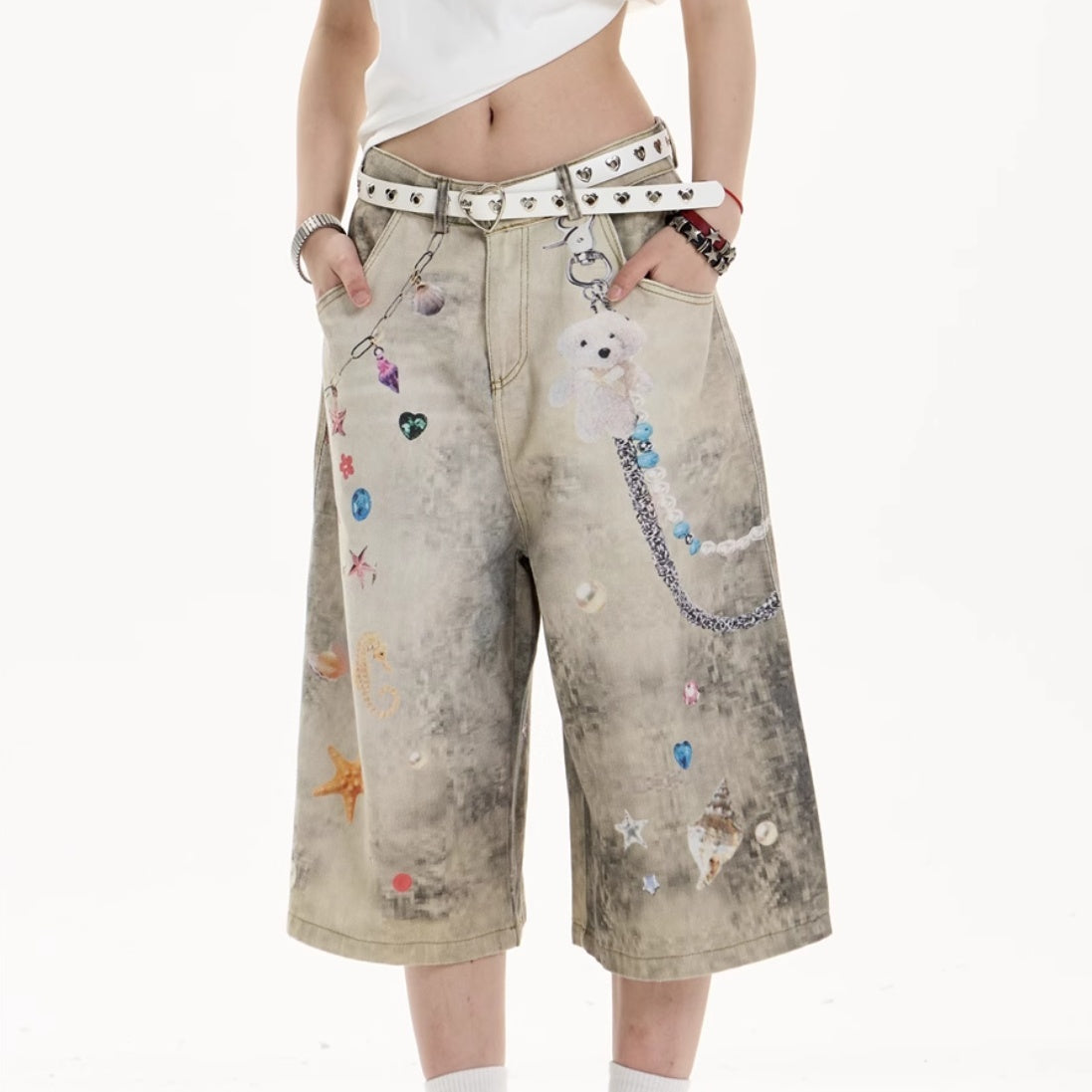 Creative Cropped Wide-Leg Jeans with Printed Art Flourish-Apricot-Theone Apparel