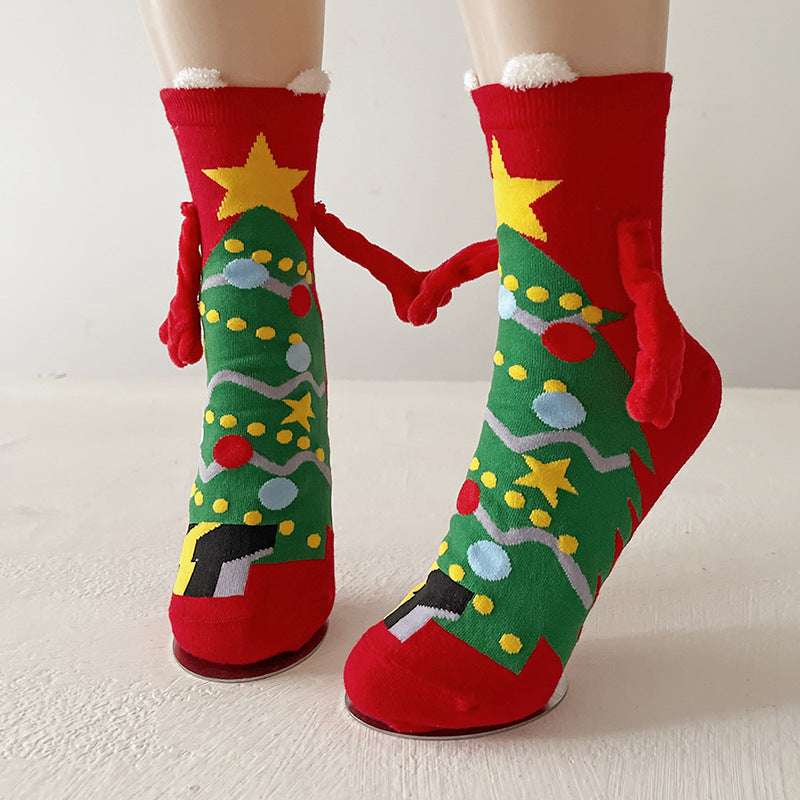 Cute Magnetic Hand Holding Christmas Themed Ankle Socks for Couples-Red Christmas Tree-Theone Apparel