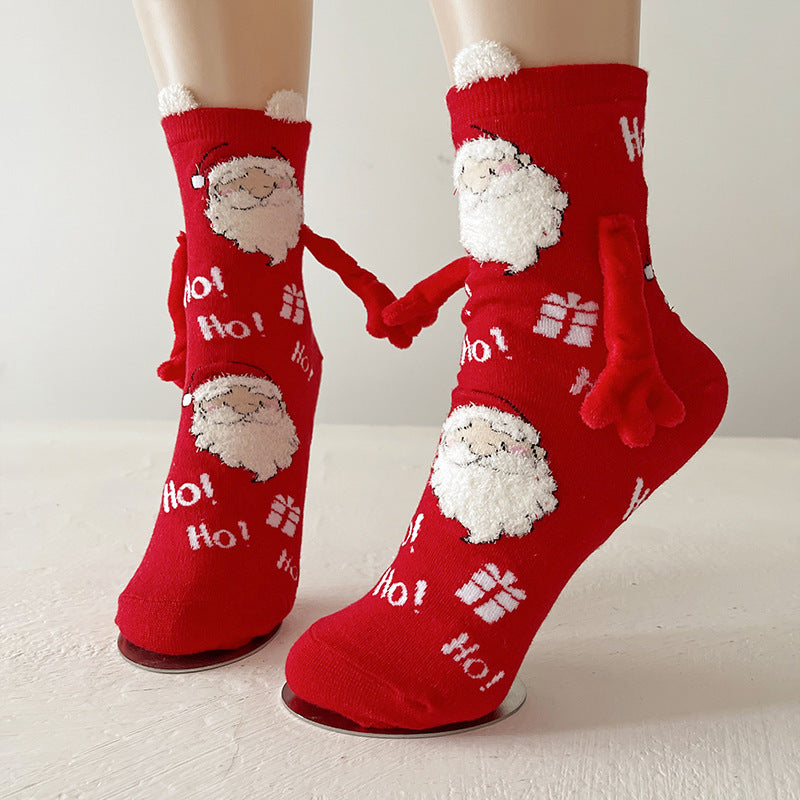 Cute Magnetic Hand Holding Christmas Themed Ankle Socks for Couples-Red Little Santa Claus-Theone Apparel