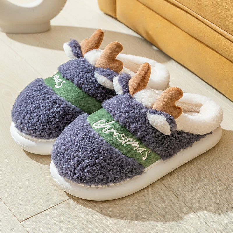 Cute and Whimsical 3D Reindeer Fleece Slippers with Traction-Blue-Theone Apparel