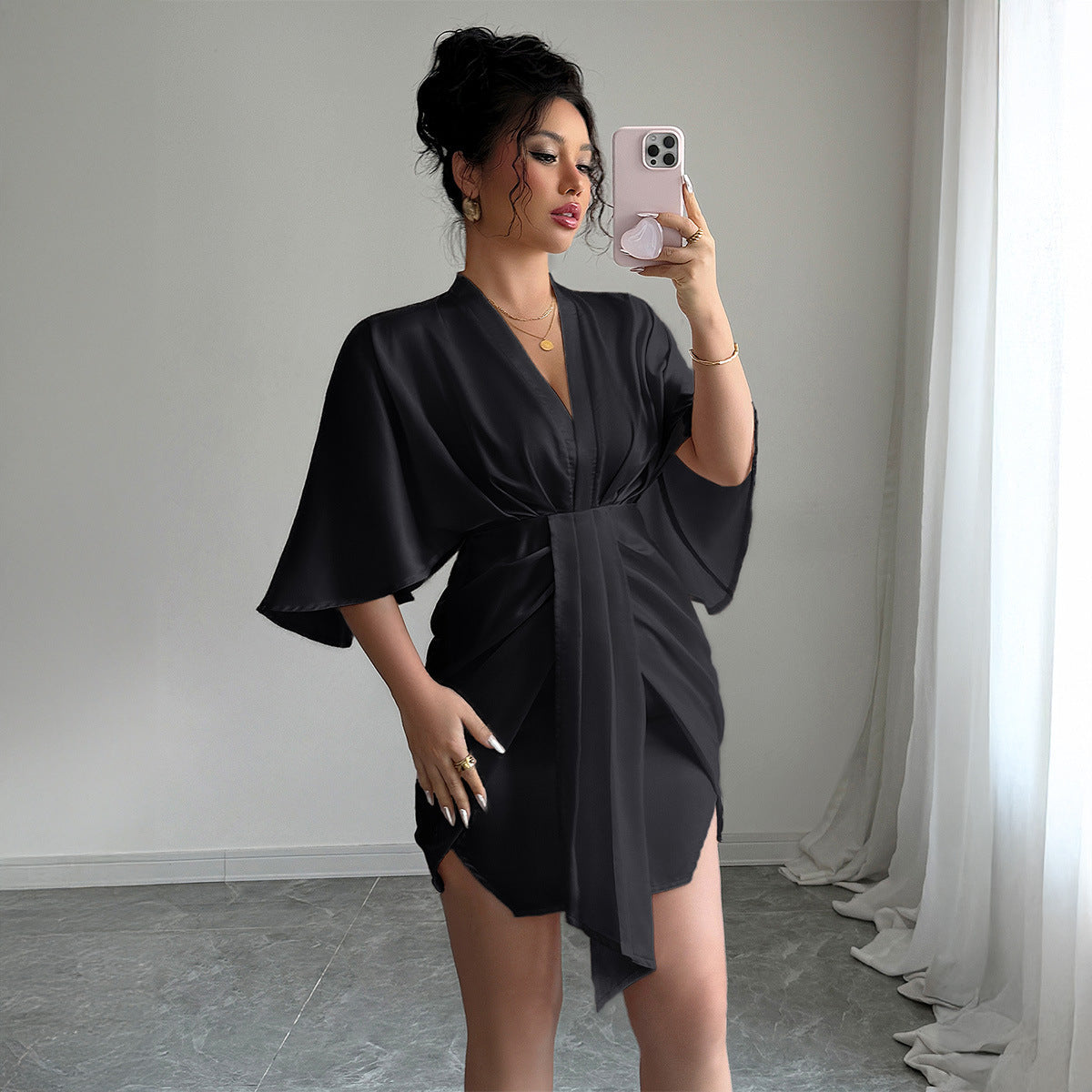 Deep V-Waist Hip Skirt Dress with Wide Sleeve Drama-Theone Apparel