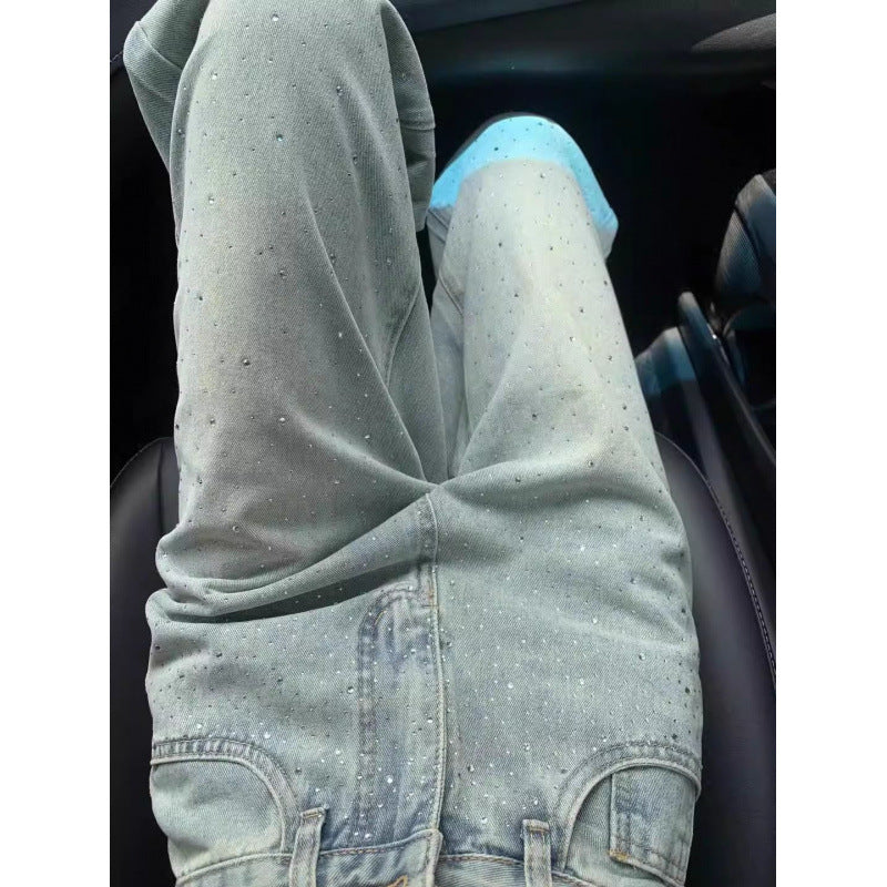 Designer Rhinestone Jeans with Draped Slim Wide-Leg Shape-Theone Apparel