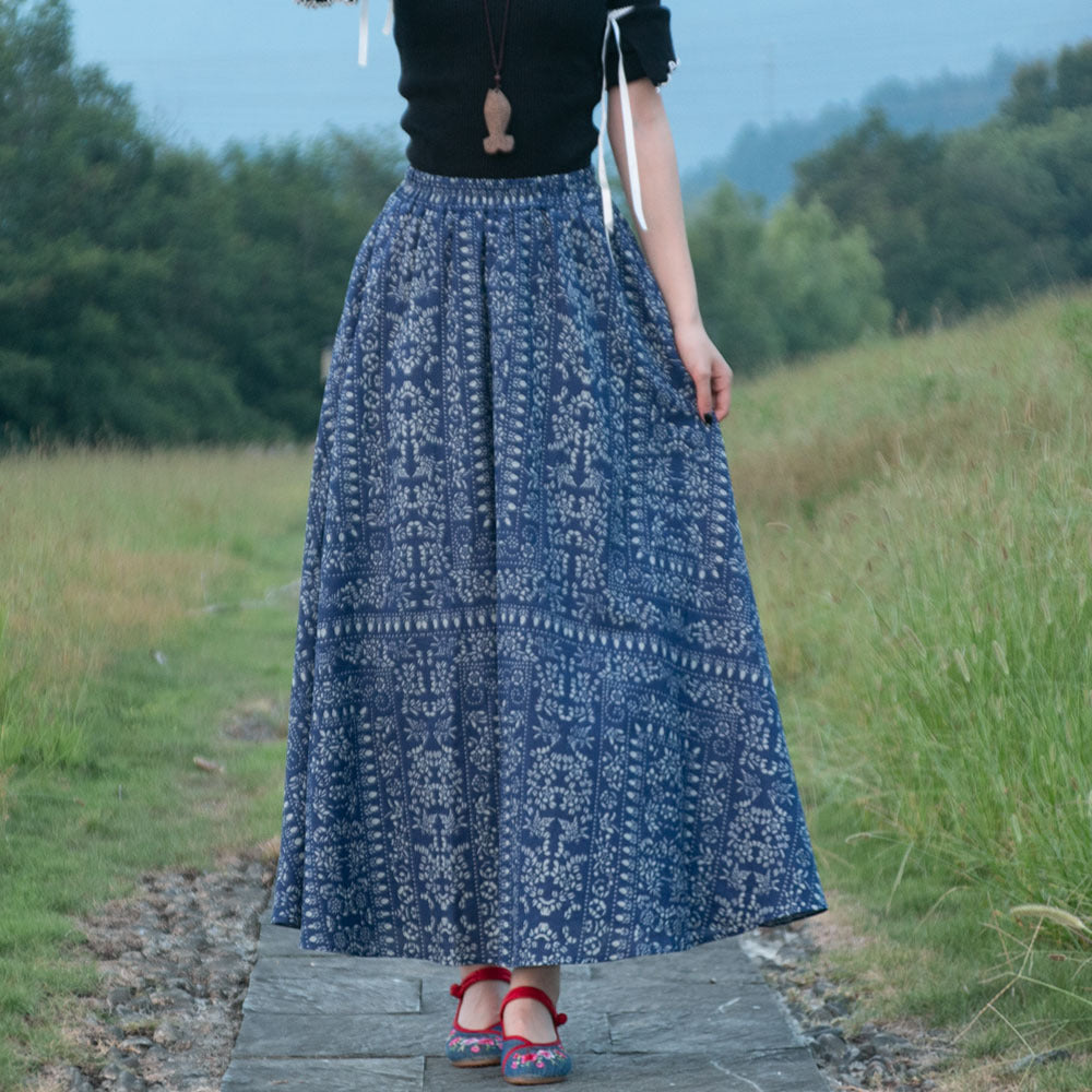 Ethnic Style Cotton Linen Swing Skirt With Elastic Waist-Blue-Theone Apparel