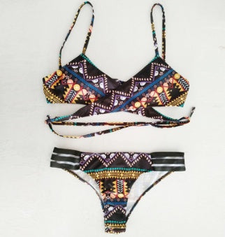 Ethnic Style Cross-Strap Bikini with Bold Print Accents-Theone Apparel