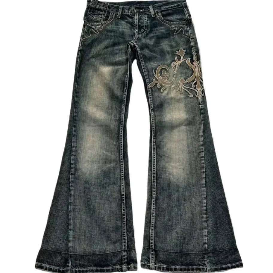 Fashion Embroidered Jeans with Machine-Stitched Elegance-Blue-Theone Apparel