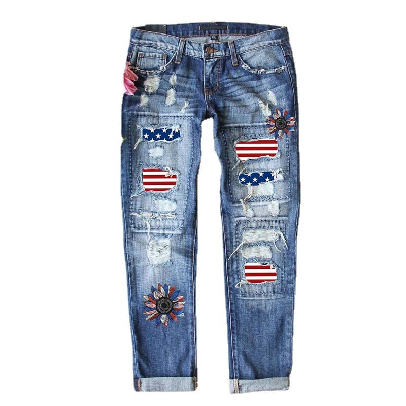 Flag Patch Ripped Denim Jeans with Patriotic Streetwear Twist-Theone Apparel