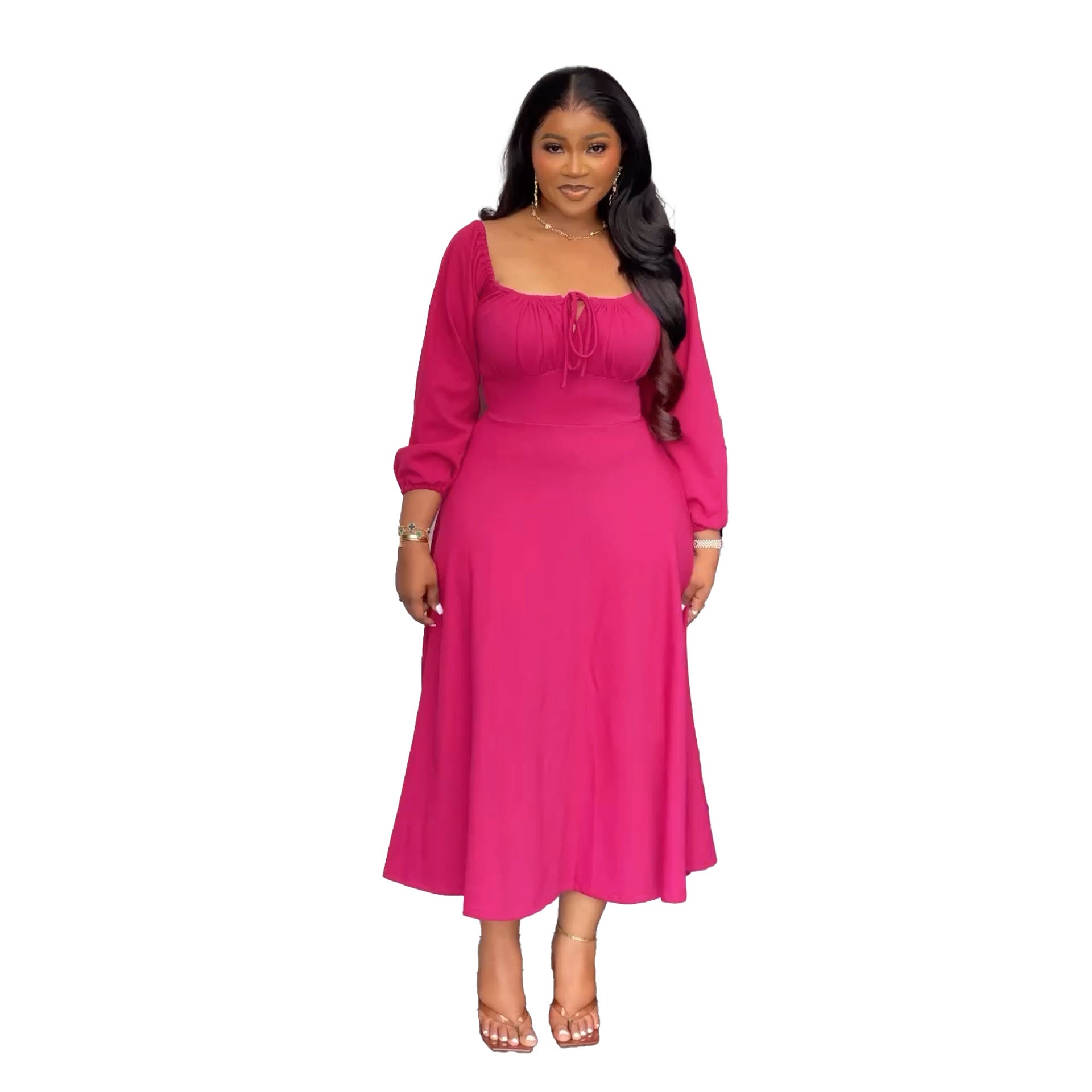 Flattering Cinched Waist A-Line Dress with Timeless Grace-Hot Pink-Theone Apparel