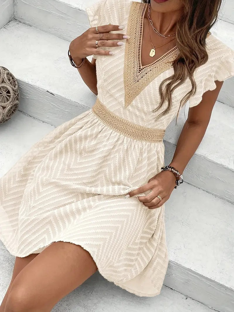 French Lace Patchwork Waistband Dress with Elegant Flair-Theone Apparel