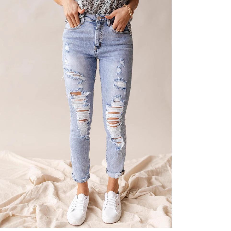 High-Waist Distressed Leisure Jeans for Spring and Summer-Theone Apparel