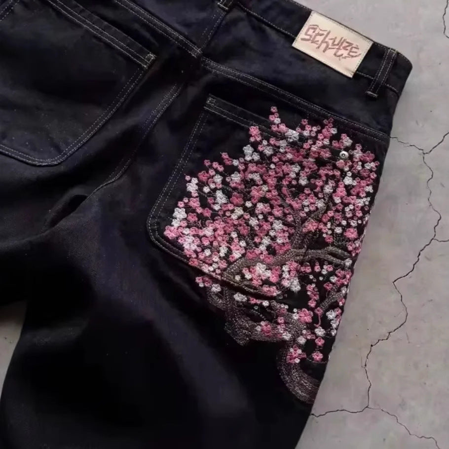 High Waist Jeans With Fashion Embroidery Pattern-Theone Apparel