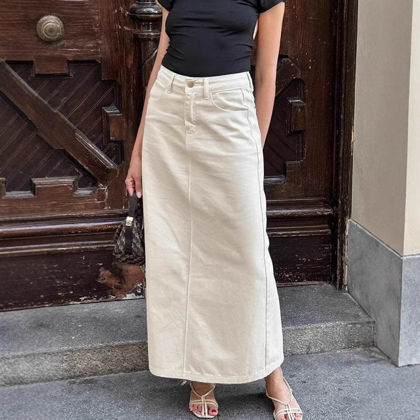 High Waist Slit Denim Skirt For Confident Workwear Style-Beige-Theone Apparel