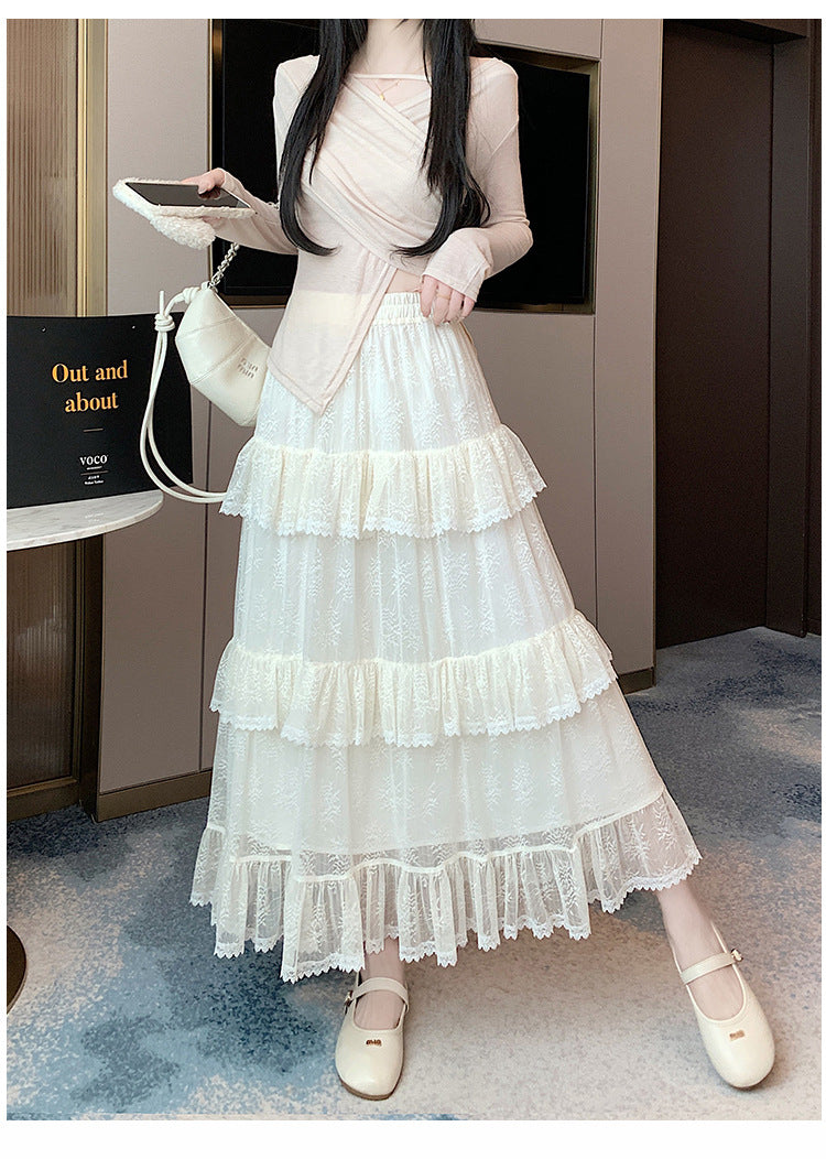 Lace Cake Dress With Net Falbala Bubble Skirt-Theone Apparel