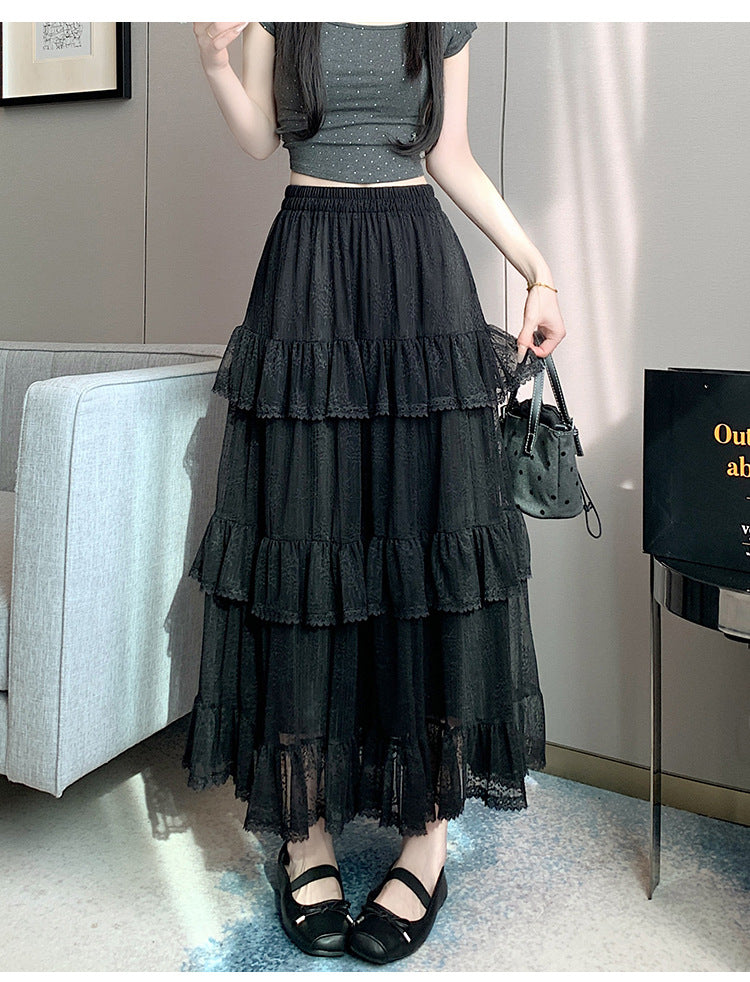 Lace Cake Dress With Net Falbala Bubble Skirt-Black-Theone Apparel