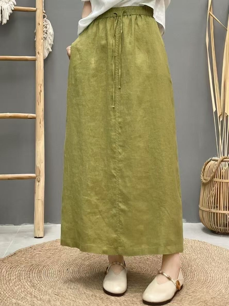 Lace Up Linen High Waist Skirt With Back Slit-Green-Theone Apparel