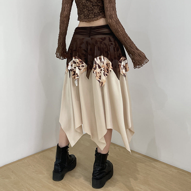 Leopard Print Mesh Pleated Skirt With Irregular Hem-Theone Apparel