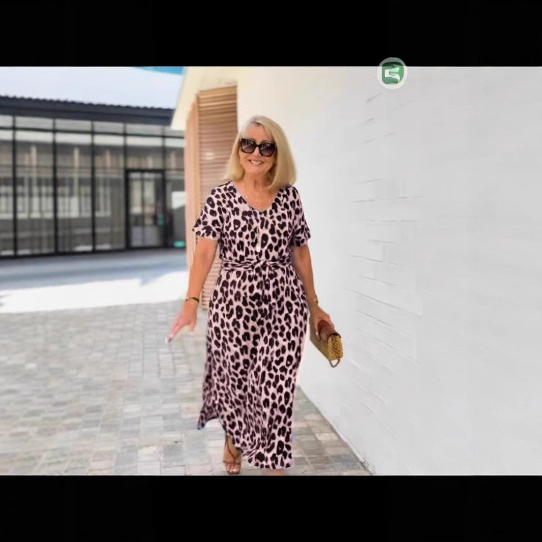 Leopard Print Short-Sleeve V-Neck Dress for Wild Charm-Pink-Theone Apparel