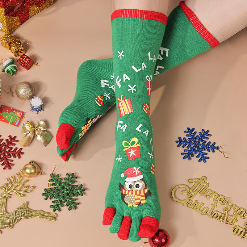 Lightweight Soft Crew Socks with Five Toes in Christmas Patterns-Green Penguin-Theone Apparel