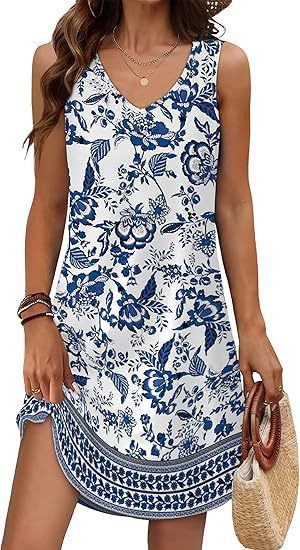 Loose Floral V-Neck Holiday Dress for Effortless Summer Getaways-Blue-Theone Apparel