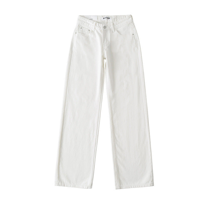 Low Waist Straight Loose Denim Mop Trousers-White-Theone Apparel