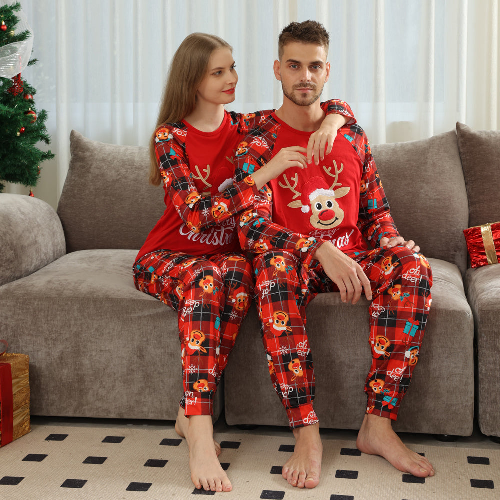 Merry Christmas Reindeer Red Plaid Matching Family Pajama Set-Theone Apparel