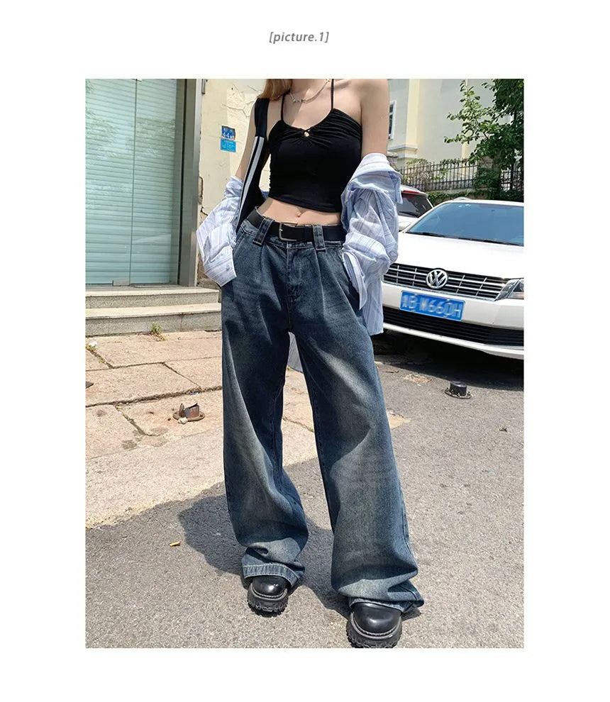 Mid-Rise Washed Wide-Leg Jeans with Relaxed Fit-Blue-Theone Apparel