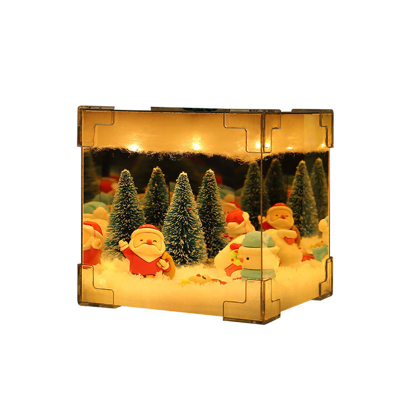 Mirrored Glass Cube Light-Up Snowman & Snowy Tree Tabletop Christmas Decoration-Theone Apparel