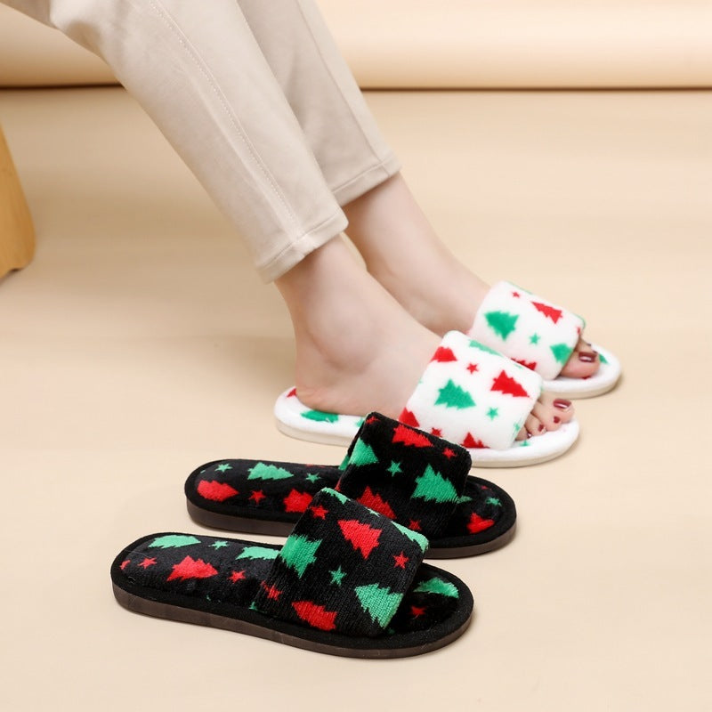 Multicolor Christmas Themed Fleece Open Toed House Shoes-Theone Apparel