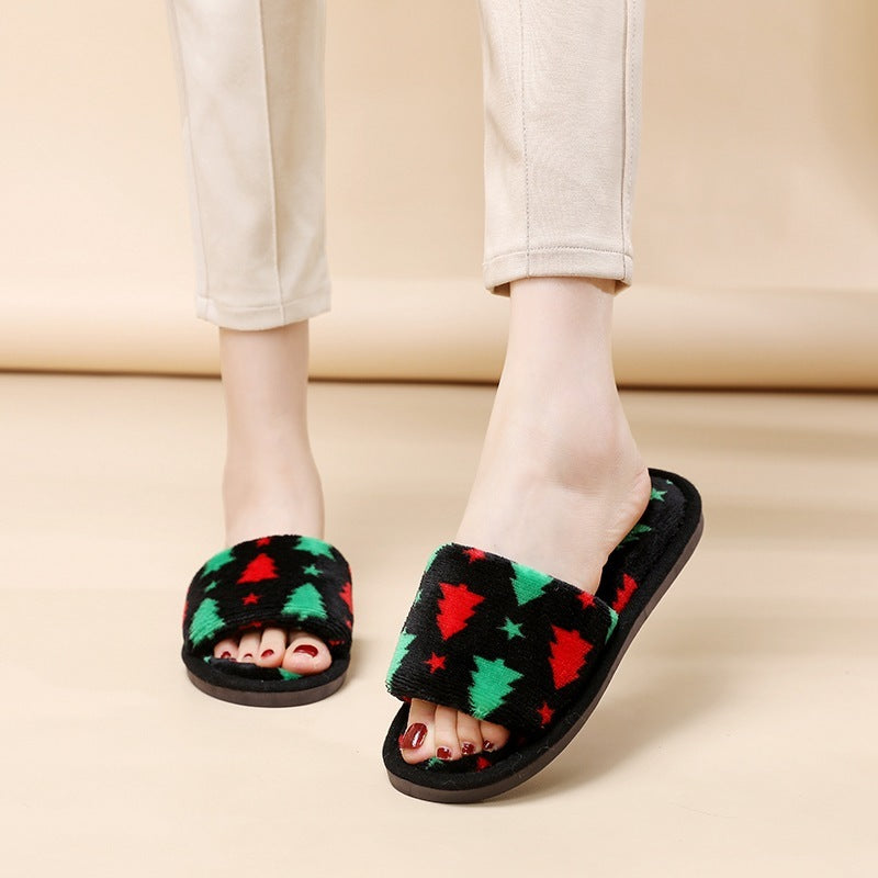 Multicolor Christmas Themed Fleece Open Toed House Shoes-Christmas Tree Black-Theone Apparel
