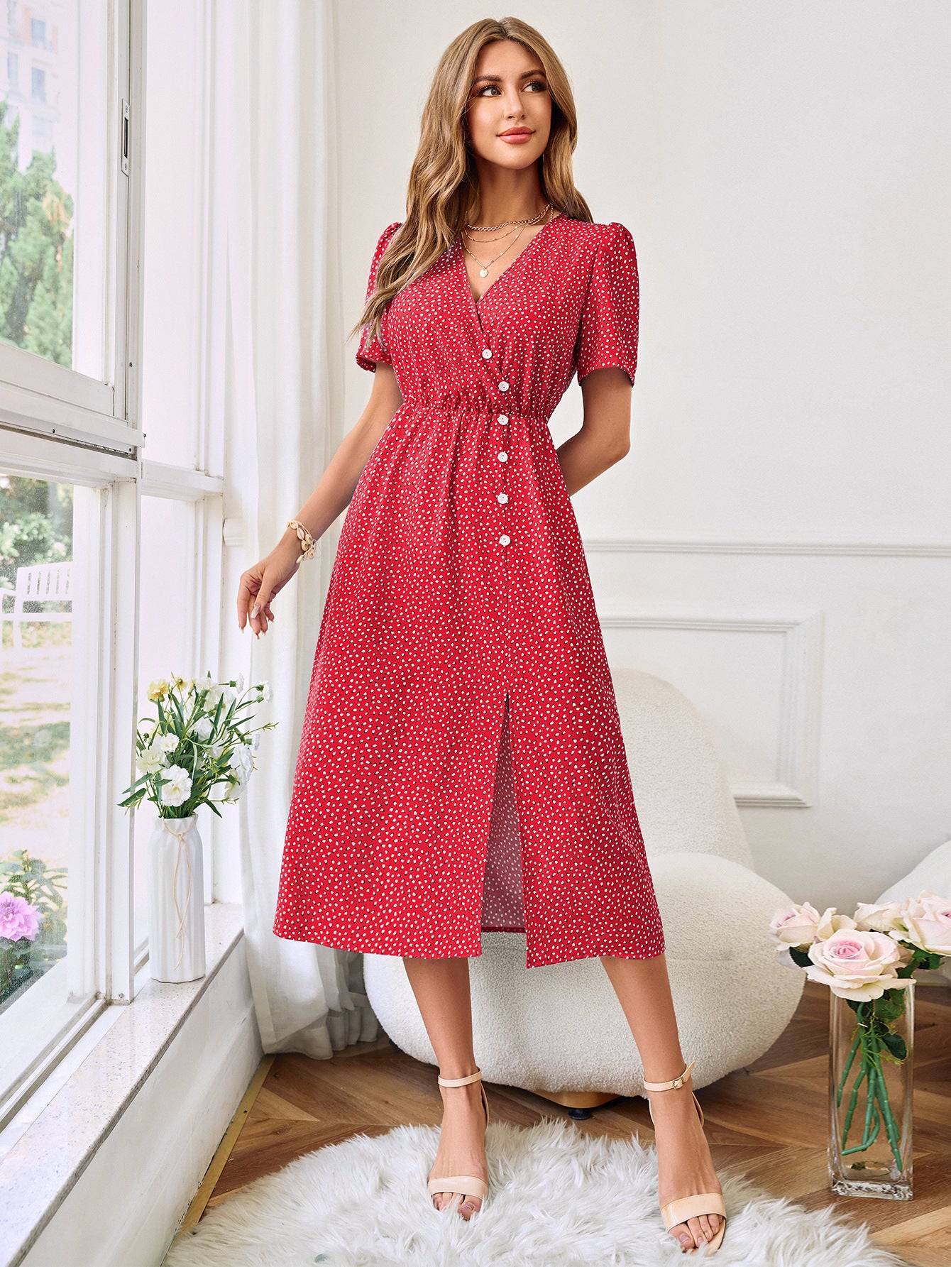 Damen-A-Linie-Midi-Kleid mit asymmetrischen Knöpfen