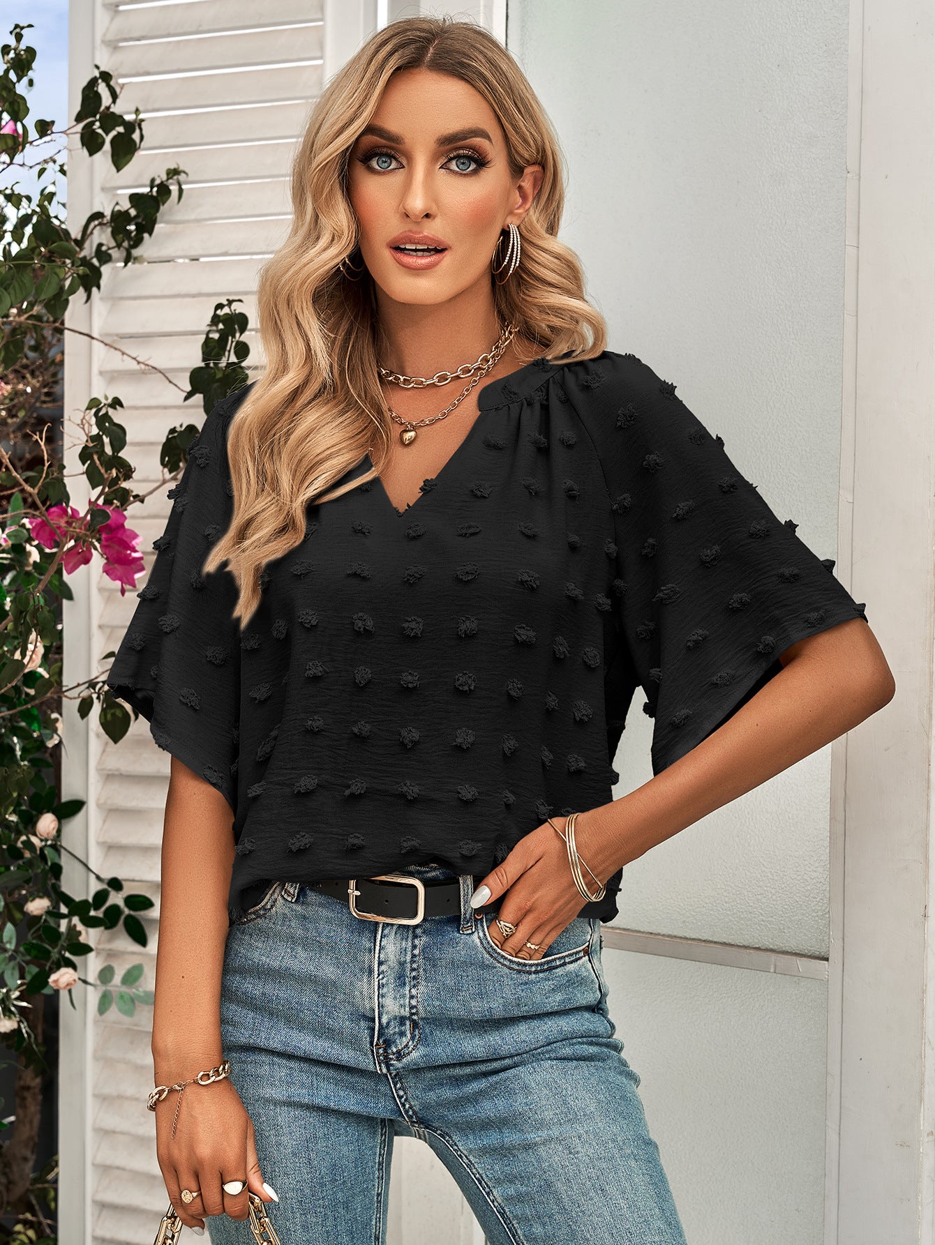 Dames mock nek losse puffball blouse met korte mouwen