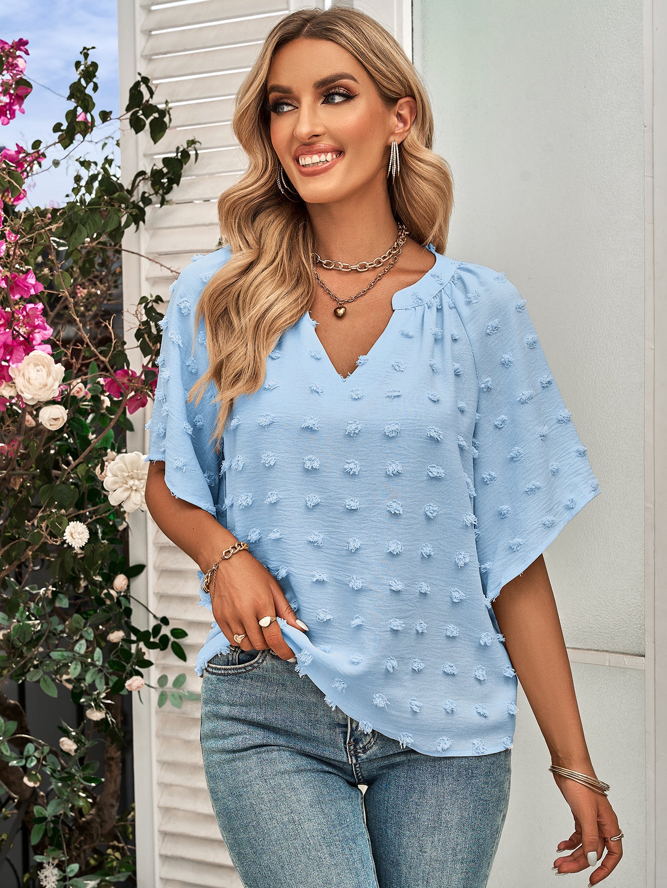 Dames mock nek losse puffball blouse met korte mouwen