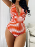 Women's One Piece Pinstripe Swimsuit with Low Cut Neck