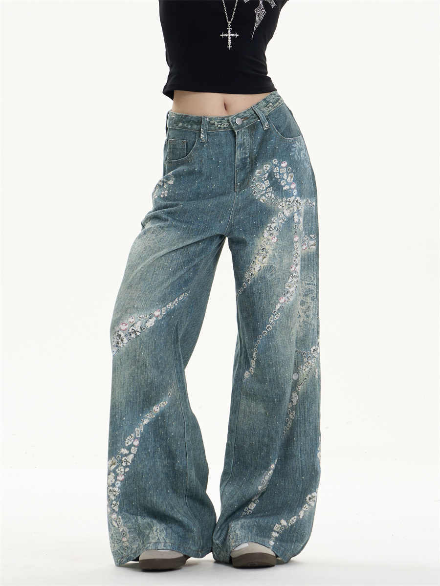 Playful Bowknot Print Wide-Leg Jeans with Feminine Twist-Theone Apparel